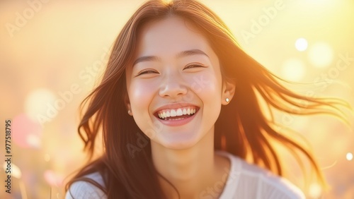 A young woman with long brown hair laughs joyfully with her head tilted back against a vibrant warm yellow background, radiating happiness and positivity in her expression and demeanor.