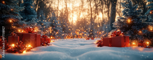 Twinkling Christmas lights and gifts in snow-covered forest