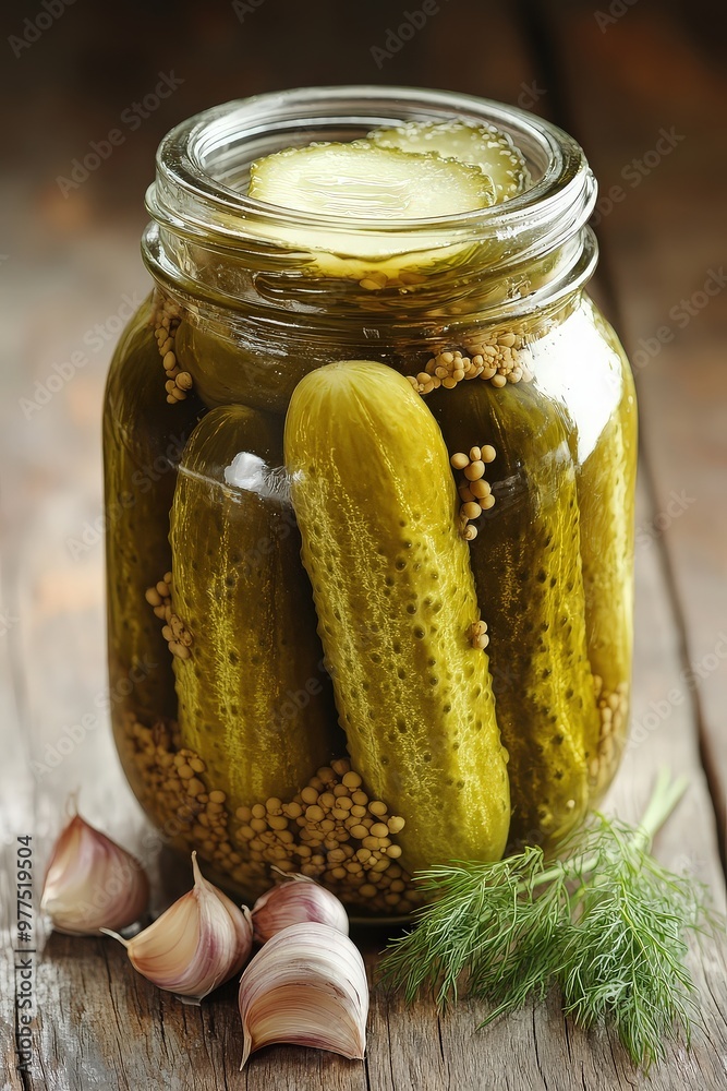 Jar of Homemade Pickles with Garlic and Dill Jar of Homemade Pickles with Garlic and Dill