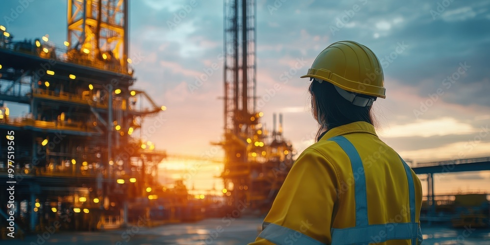 A worker in a yellow safety helmet observes the oil rig during sunset, highlighting safety and industry in a vibrant environment. A worker in a yellow safety helmet observes the oil rig during sunset, highlighting safety and industry in a vibrant environment.