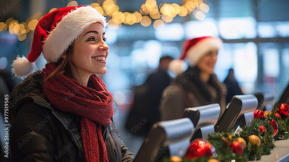 Woman wearing a Santa hat shopping during the holiday season, ideal for Christmas, festive, and lifestyle-themed visuals. Woman wearing a Santa hat shopping during the holiday season, ideal for Christmas, festive, and lifestyle-themed visuals.