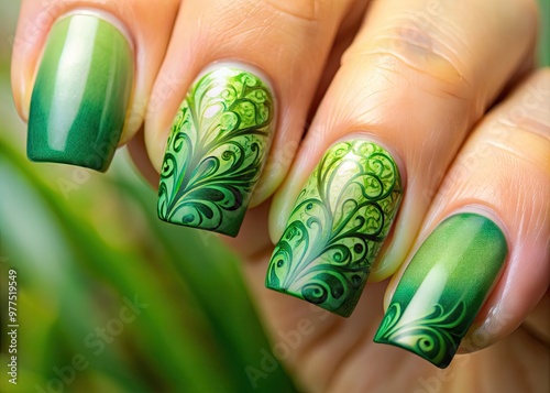 Vibrant green ombre nail polish on a natural nail, adorned with intricate swirling patterns and delicate leaf-shaped accents, against a soft, blurred green background. photo