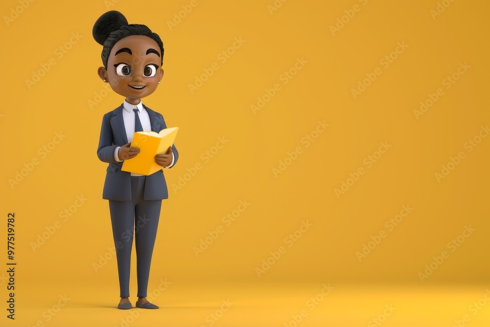 3D businesswoman. Girl manager stand with paper folder and report on yellow copyspace background. Cartoon office woman character in business suit 3D businesswoman. Girl manager stand with paper folder and report on yellow copyspace background. Cartoon office woman character in business suit