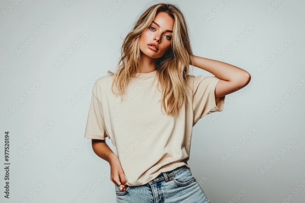 Woman wearing a blank beige T-shirt with the text , a mockup template for a graphic designer.