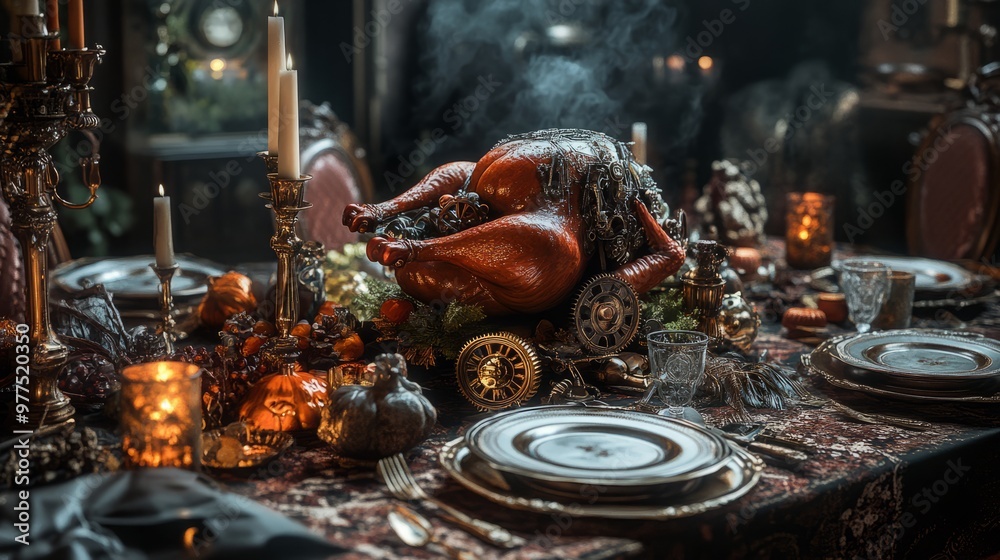 A lavishly decorated dining table with a festive turkey centerpiece. A lavishly decorated dining table with a festive turkey centerpiece.