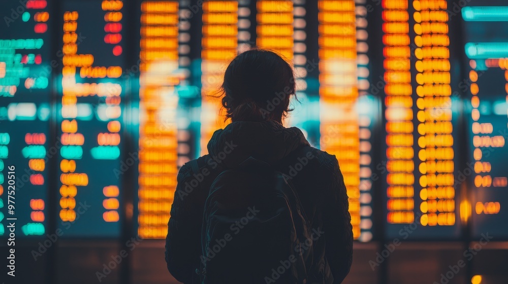 Traveler looking at a departures board in an airport, ideal for travel, journey, and adventure-themed content. Traveler looking at a departures board in an airport, ideal for travel, journey, and adventure-themed content.