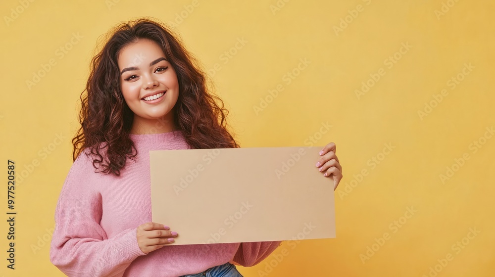 A smiling young woman holds a blank sign against a yellow background. A smiling young woman holds a blank sign against a yellow background.