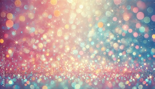 Glittering pastel background with soft bokeh lights in pink, blue, and yellow hues creating a dreamy and sparkling effect.