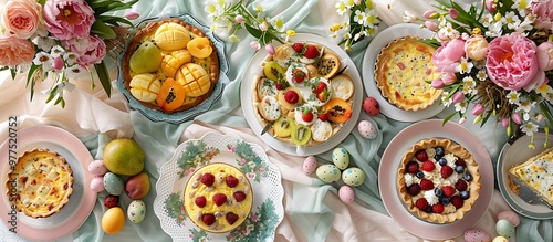 A scenic Easter brunch setting with an array of dishes including fruit pastries and quiche arranged on a table decorated with spring flowers and pastel linens