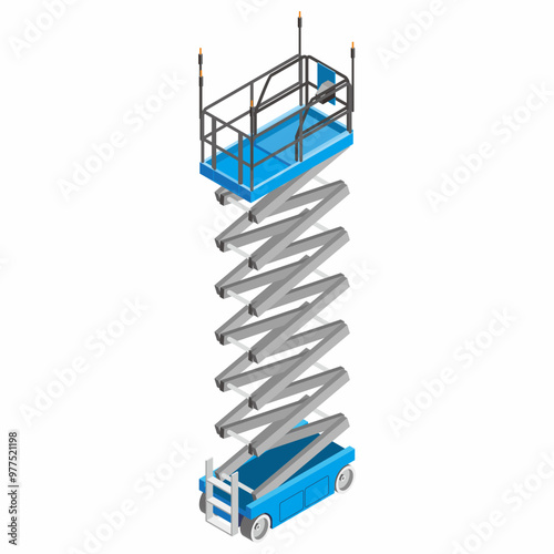 Isometric view of ascended scissor lift illustration. Mobile elevated working platform equipment for construction and industrial work.