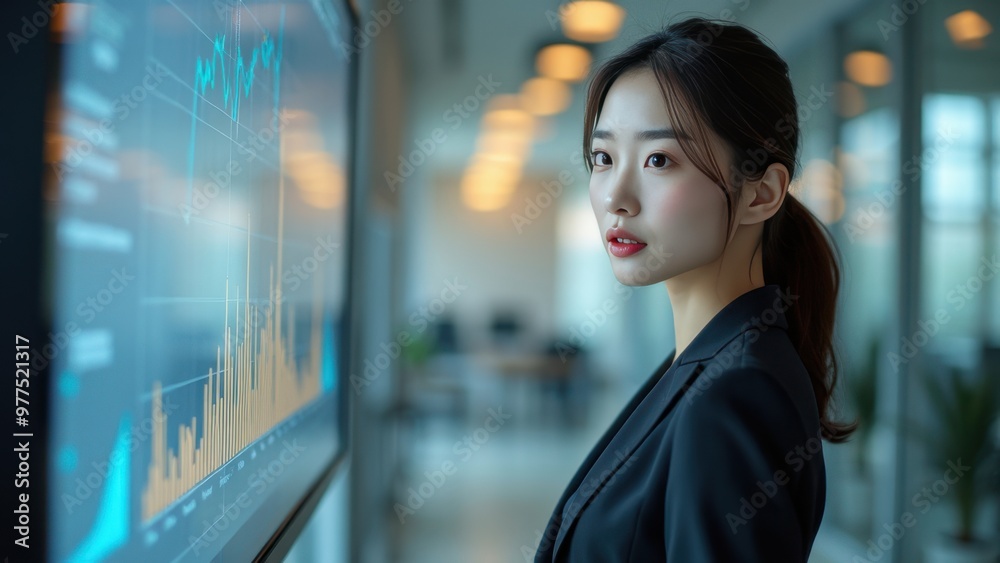Naklejka premium Businesswoman Analyzing Data on a Large Digital Screen with Graphs, Charts, and Figures, Highlighting Performance Metrics and Financial Analysis in a Corporate Setting.
