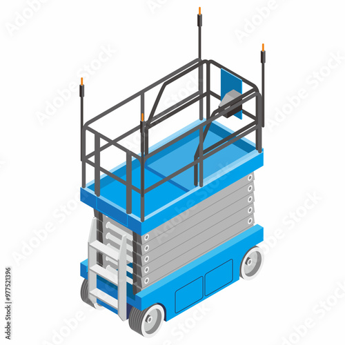 Isolated isometric scissor lift illustration. Mobile elevated working platform equipment for working at height.