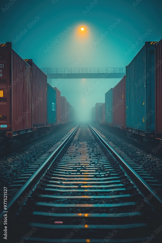 Foggy Railway Yard with Cargo Containers and Bridge Foggy Railway Yard with Cargo Containers and Bridge