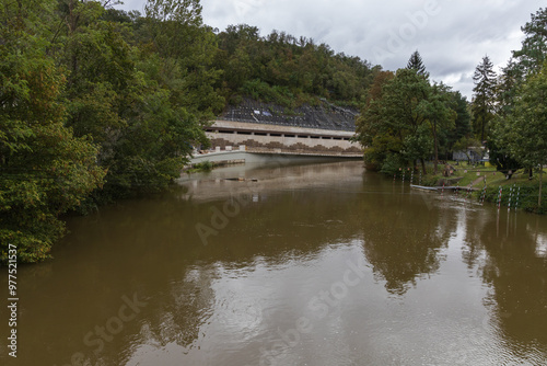 River Svratka and Svitava in the city of Brno, Czech Republic. Diluted water during the rainy season.