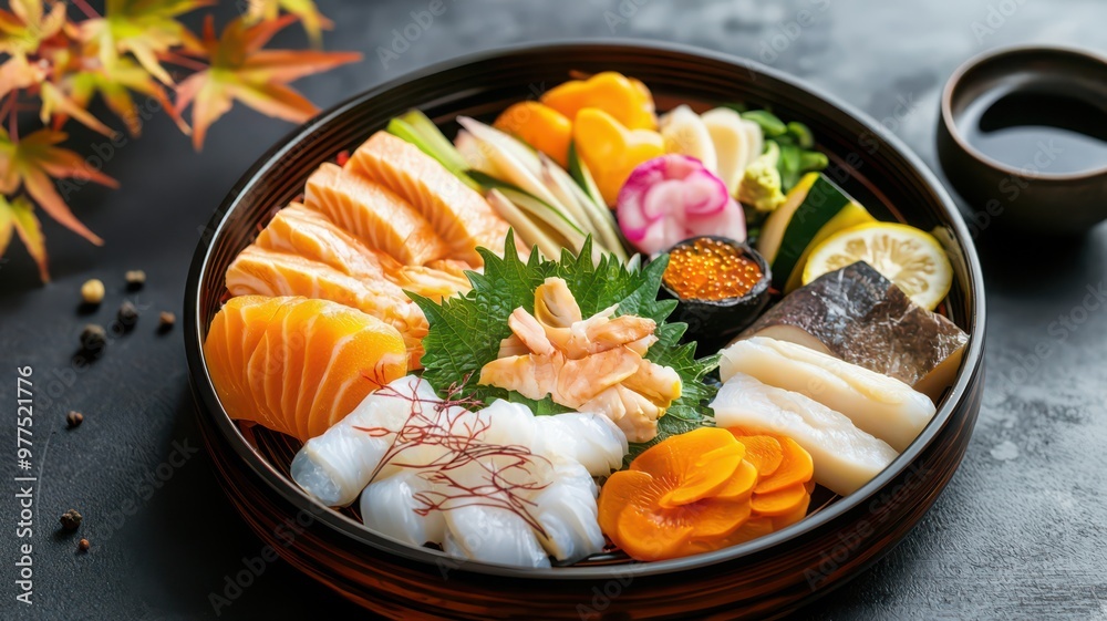 A vibrant platter of assorted sushi and sashimi, featuring fresh fish, colorful vegetables, and garnishes, beautifully arranged. A vibrant platter of assorted sushi and sashimi, featuring fresh fish, colorful vegetables, and garnishes, beautifully arranged.
