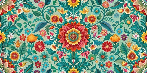 Vibrant, intricate, and symmetrical floral motifs in bold colors and delicate lines repeat seamlessly, creating a stunning, eye-catching textile design or wallpaper pattern. photo