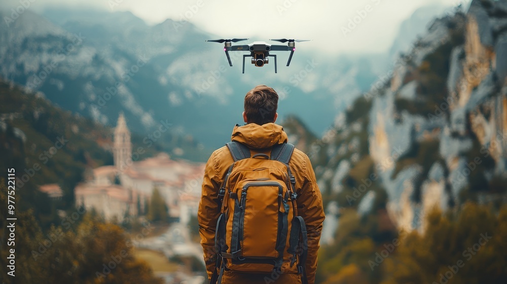 Man standing with a drone in the mountains, great for adventure, technology, and exploration-themed content. Man standing with a drone in the mountains, great for adventure, technology, and exploration-themed content.