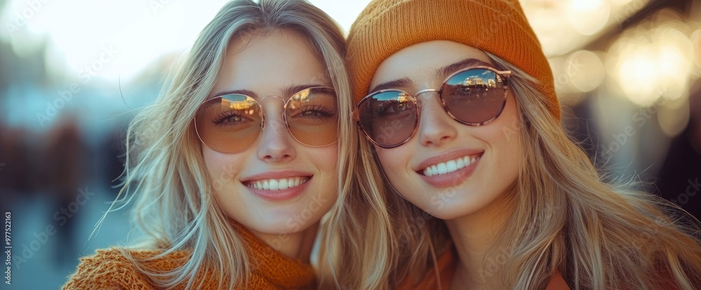 Two Beautiful Blonde Women Smiling and Wearing Sunglasses in the City Two Beautiful Blonde Women Smiling and Wearing Sunglasses in the City
