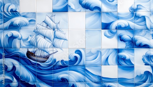 A close-up of a classic Portuguese azulejos panel depicting a coastal scene, with intricate blue and white tiles telling a historical story through their delicate imagery