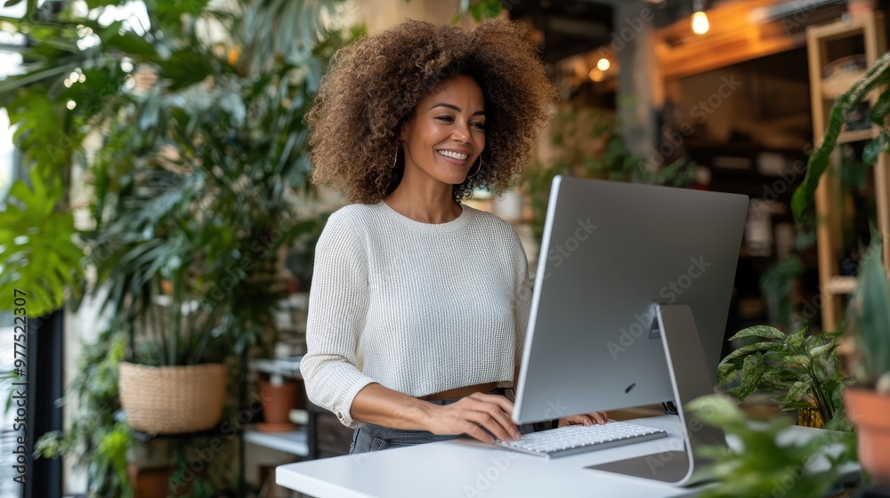 A cheerful young woman works at a computer in a bright office filled with abundant green plants, conveying positivity, nature, and successful work-life balance. A cheerful young woman works at a computer in a bright office filled with abundant green plants, conveying positivity, nature, and successful work-life balance.