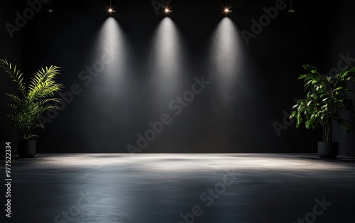 A modern, well-lit studio space featuring plants and spotlight lighting, ideal for creative photography or presentations. photo