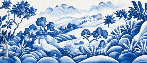 A close-up of hand-painted Portuguese azulejos tiles, showcasing floral and geometric designs in cobalt blue and white, capturing the elegance of classic Iberian architecture