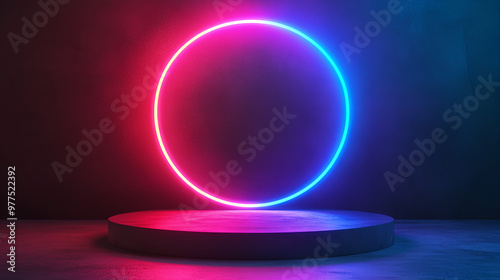 Stage or podium pedestal with blue neon round light product background , stand show cosmetic product , white stand podium scene pastel color with neon ring background