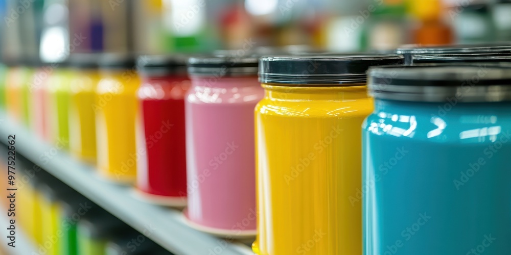 Colorful jars lined up on a shelf, showcasing vibrant hues ideal for crafts, painting, or home decor projects. Colorful jars lined up on a shelf, showcasing vibrant hues ideal for crafts, painting, or home decor projects.