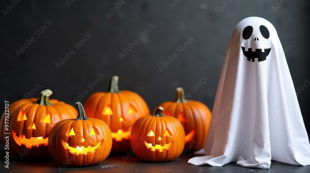 A playful ghost costume stands beside three carved jack-o'-lanterns, evoking a fun and spooky Halloween atmosphere. A playful ghost costume stands beside three carved jack-o'-lanterns, evoking a fun and spooky Halloween atmosphere.