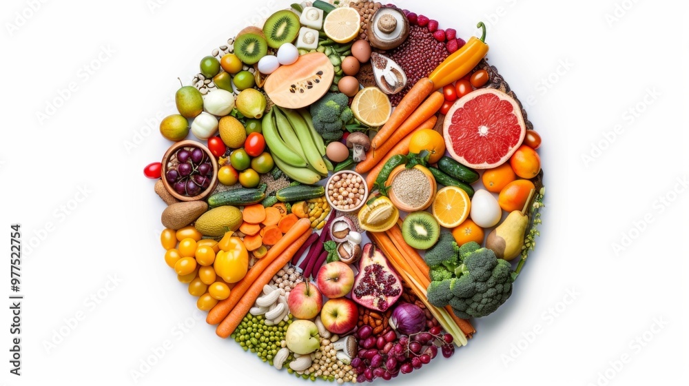 A colorful display of fruits and vegetables arranged in a circular pattern on a white background, showcasing 11 fruits and 9 vegetables in a variety of colors and cuts.