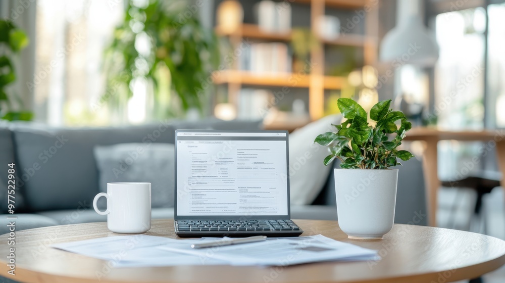 A laptop sits open on a coffee table in a bright and modern living room, accompanied by a white coffee mug, documents, and a potted plant, hinting at a clean workspace setup. A laptop sits open on a coffee table in a bright and modern living room, accompanied by a white coffee mug, documents, and a potted plant, hinting at a clean workspace setup.