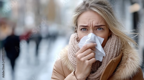 A woman in a winter coat sneezes while standing outdoors on a cold day, capturing a moment of discomfort and the brisk chill of the environment around her.