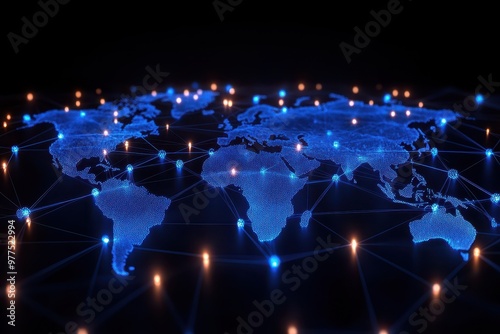 A vibrant digital world map with glowing connections, representing global networking and data communication.