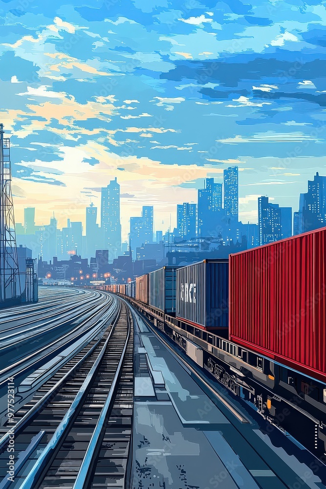 Fototapeta premium Freight Train with Containers at Sunset in City