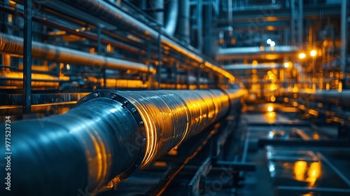 industrial scene of pipelines in a factory at night with illuminated pipes capturing the movement of materials and the dynamic manufacturing setting highlighting the operational and technological