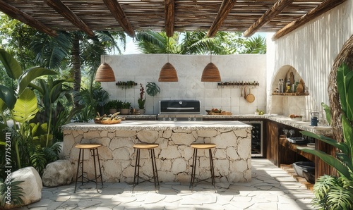 An outdoor entertainment area with a barbecue and generative stock