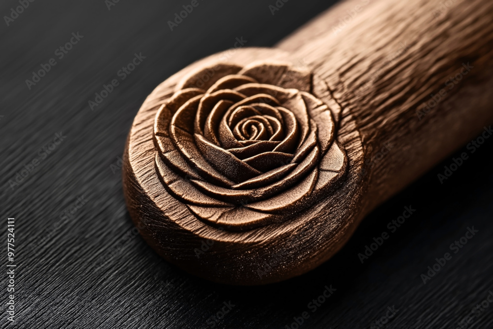A close-up of a wooden handle with an intricate rose carving. The detailed woodwork showcases fine craftsmanship and artistic floral design on a dark background. A close-up of a wooden handle with an intricate rose carving. The detailed woodwork showcases fine craftsmanship and artistic floral design on a dark background.