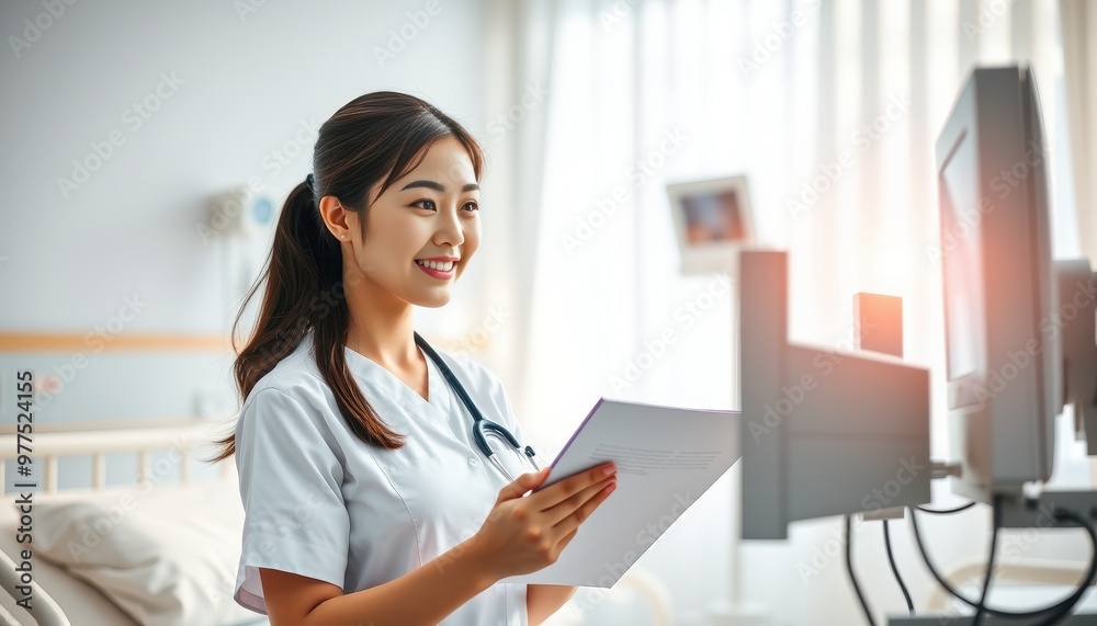 Medical Professional in a White Lab Coat Reviewing Patient Information on a Computer Monitor, Emphasizing the Integration of Technology and Paperwork in a Clinical Setting for Effective Healthcare. Medical Professional in a White Lab Coat Reviewing Patient Information on a Computer Monitor, Emphasizing the Integration of Technology and Paperwork in a Clinical Setting for Effective Healthcare.
