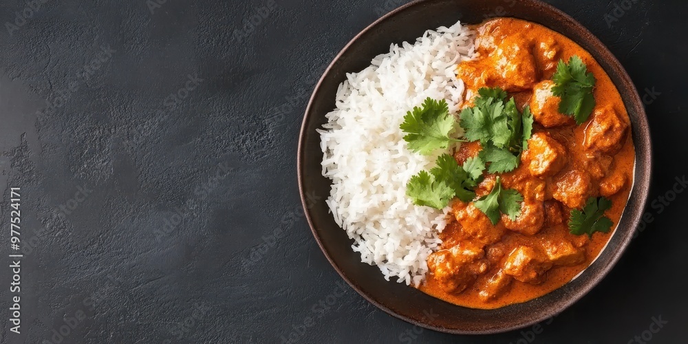 Delicious plate of chicken curry served with fluffy white rice and garnished with fresh coriander on a dark background. Delicious plate of chicken curry served with fluffy white rice and garnished with fresh coriander on a dark background.