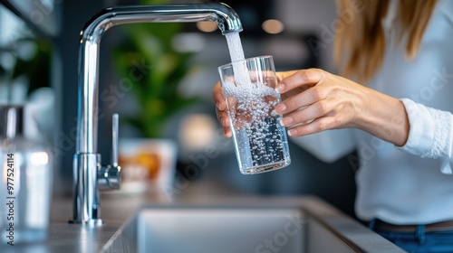 A woman fills a glass with fresh water from a kitchen sink, emphasizing hydration and cleanliness in a home setting, focusing on the importance of water. photo