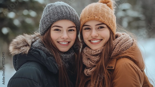 detailed look at two women in winter clothing standing side by side showcasing the winter fashion, warm jackets, and outdoor setting emphasizing the chilly weather and friendship