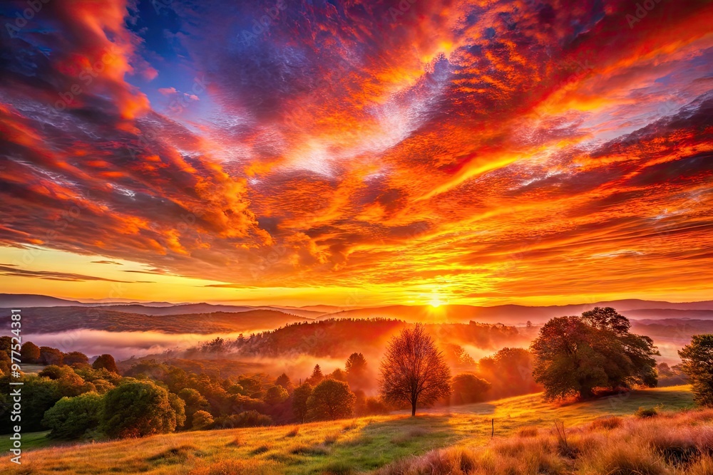 Vibrant orange and pink hues burst from the horizon as the sun rises, casting a warm glow and fiery flare across the tranquil morning landscape. Vibrant orange and pink hues burst from the horizon as the sun rises, casting a warm glow and fiery flare across the tranquil morning landscape.