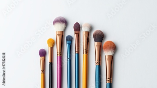 A collection of colorful makeup brushes arranged in an elegant line, perfect for beauty enthusiasts and artists.