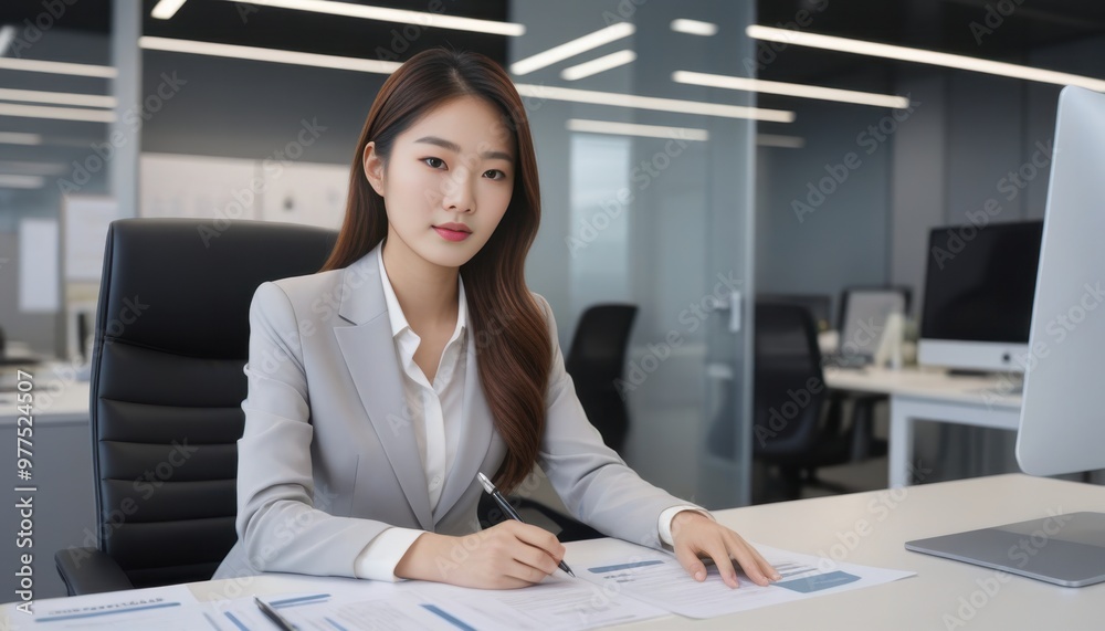 Asian Woman in a Professional Business Attire in an Office Environment, Suggesting Document Signing or Review as Part of Formal Work. Asian Woman in a Professional Business Attire in an Office Environment, Suggesting Document Signing or Review as Part of Formal Work.