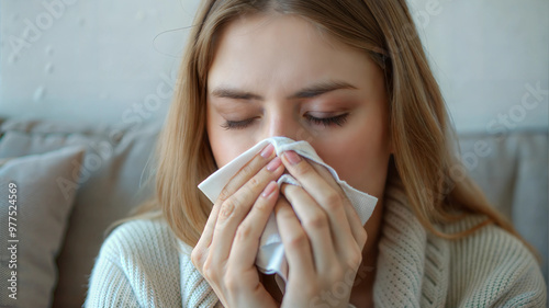 Woman sneezing into tissue suffering from cold or flu symptoms sitting at home