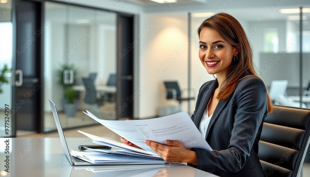 Woman Smiling in a Black Suit Jacket and White inner in a Blurred Office Setting, Possibly Involved in a Formal Document Review or Signing. Woman Smiling in a Black Suit Jacket and White inner in a Blurred Office Setting, Possibly Involved in a Formal Document Review or Signing.