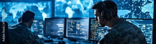 Military Officer Using Computer With World Map Display in Command Center
