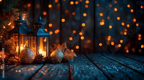 Festive Lanterns & Bokeh Lights on Wooden Table