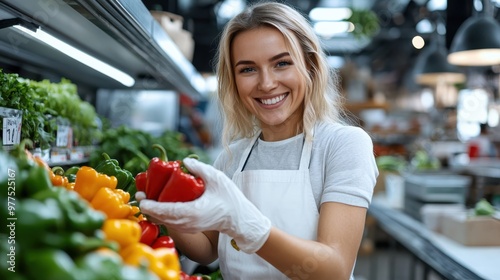 A market employee smiles warmly while showcasing vibrant produce. The inviting scene reflects positivity, freshness, and the natural bounty of local markets. photo