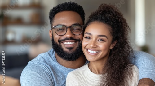 A cheerful couple is captured indoors, smiling and embracing, exuding warmth and happiness with a cozy and comfortable setting as their backdrop, reflecting companionship. photo